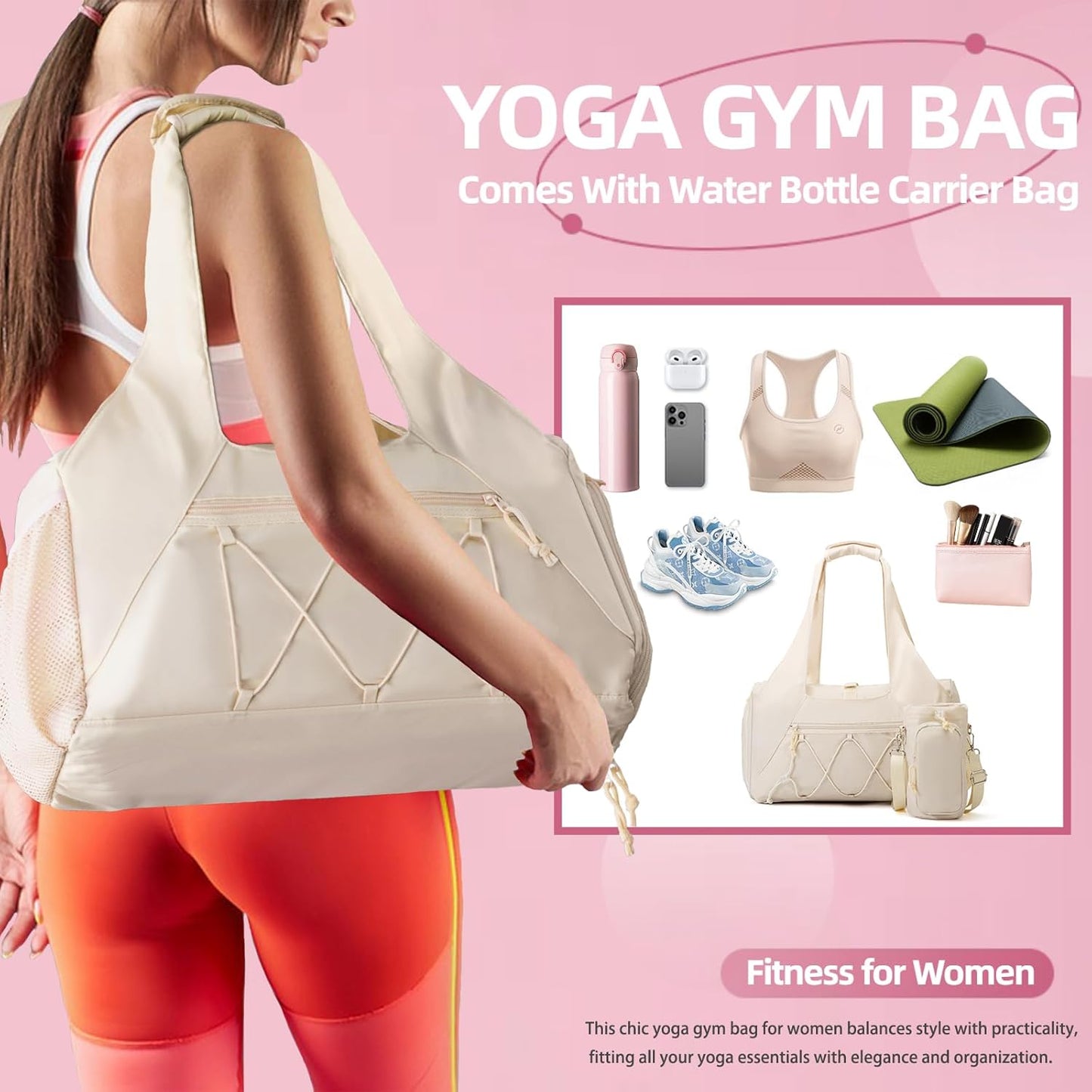 Gym Bag for Women, Yoga Mat Bag with Shoe Compartment and Wet Pocket, Sport Yoga Gym Bag with Yoga Strap, Carryall Yoga Tote Bag